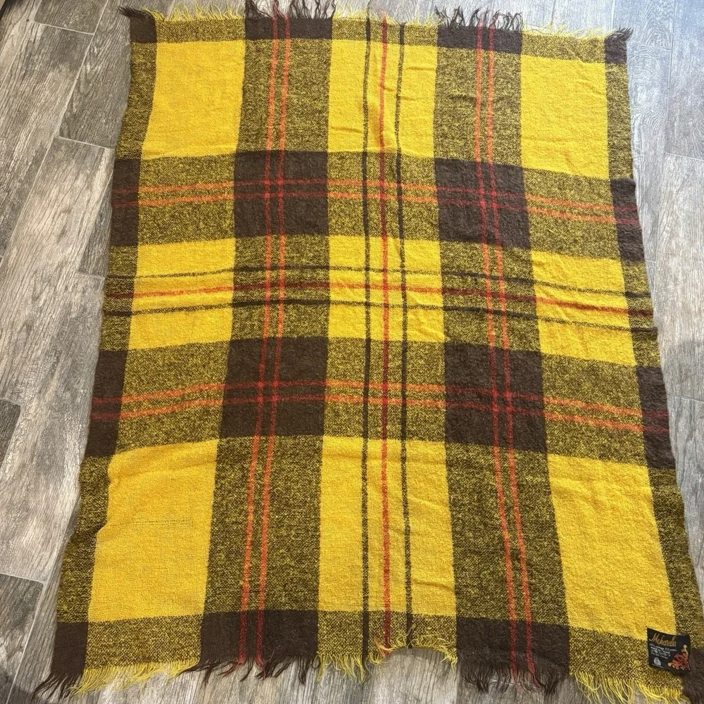 Vtg Mohair & Wool Throw Blanket Yellow Brown Red Fringe 60x48